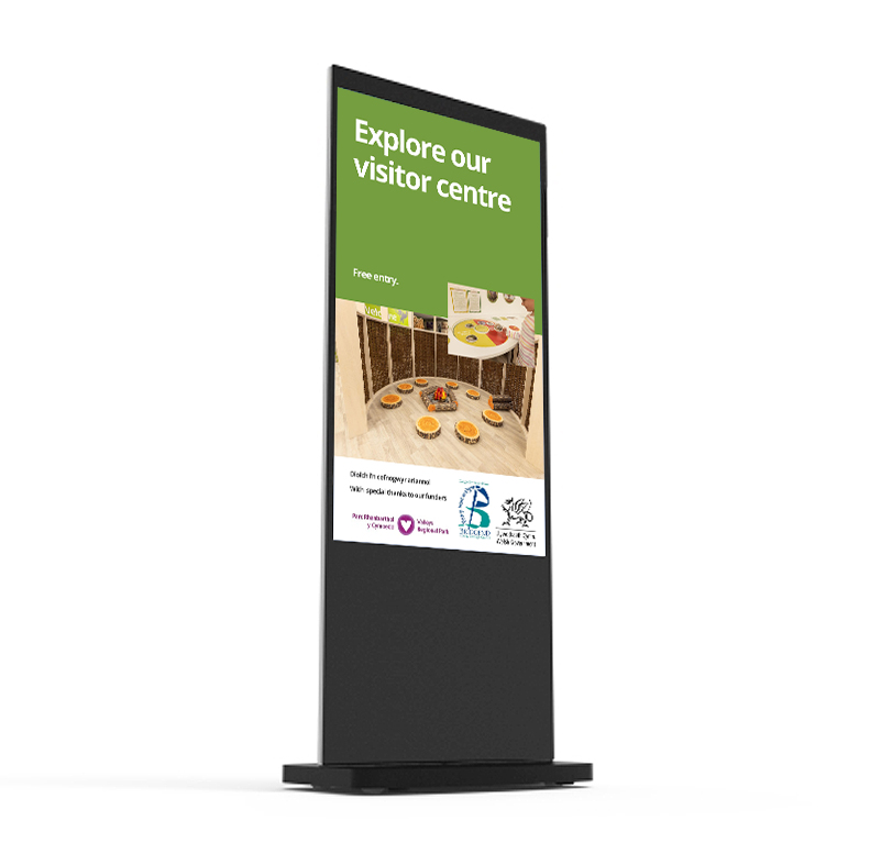 Front low angle of Android Freestanding Digital Poster - Black Bryngarw
